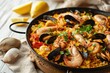 Seafood paella in a pan