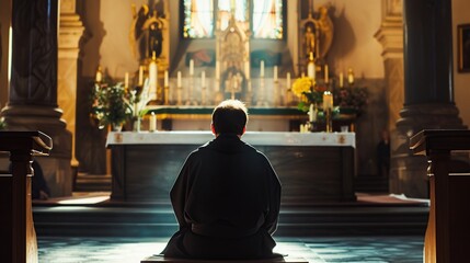 Wall Mural - a priest is praying in church