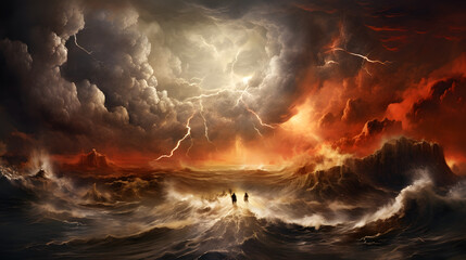 Wall Mural - The Red Sea splitting and Moses walking across on dry land
