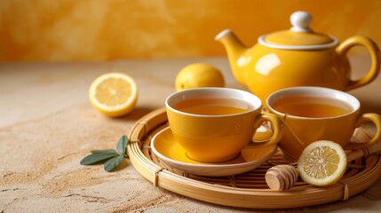 Wall Mural - lemon honey  in tea cups with a teapot on a bamboo tray, amber background with copy space