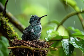 Wall Mural - Portrait Hummingbird guarding the nest and incubating eggs in rain fall AI Generative