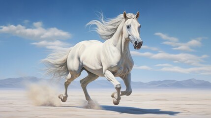 Wall Mural -  a painting of a white horse galloping in the desert with mountains in the background and clouds in the sky.