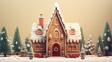  A Christmas Scene Of A Gingerbread House With Snow On The Roof And Trees In The Foreground And Snow On The Ground.