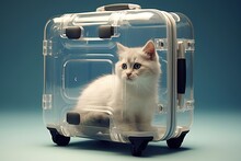 White Grey Cute Kitten Is Sitting Inside Transparent Suitcase. Traveling On Vacation By Plane With A Pet Concept. 
