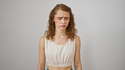 Poster - Depressed young woman standing isolated, her sad expression revealing worry and stress. her angry cry echoing in the stark white background, a portrait of pain and trouble.