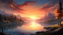 A Breathtaking Sunset Scene Over A Serene Lake With Warm Hues Reflecting On The Calm Water Creating A Peaceful And Picturesque Landscape AI Generated