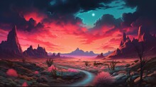 A Desert Landscape Under A Neon-lit Sky  AI Generated