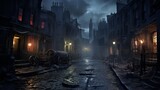 Fototapeta Londyn - A moody evening in Victorian London lit by gas lights AI generated