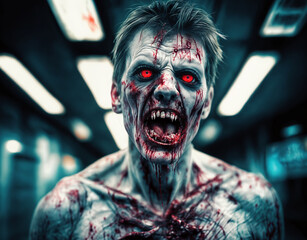 Fototapeta undead infected zombie man with evil red eyes and horrific broken teeth walking through hospital with blood stains and skin lacerations
