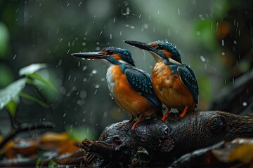 Wall Mural - Majestic couple of a Sacred Kingfisher standing in rain forest AI Generative