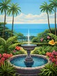 Renaissance Garden Fountains Coastal Art Print: Ocean View Fountain Cascade