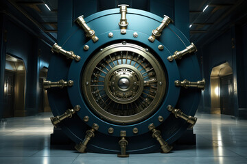 Sticker - An artistic representation of a secure bank vault with a shield, conveying the concept of robust security measures in banking systems. Generative Ai.