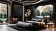 Futuristic Black Bedroom with Fireplace and Large Windows.
