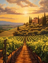 Golden Hour Beauty: Sunlit Tuscan Vineyards Capturing The Sunset Hues On Vineyard