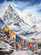 Tibetan Prayer Flags in Snowy Mountains: A Winter Art Scene