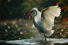 The Great Egret Finding Fish On The River With Light Exposure AI Generative