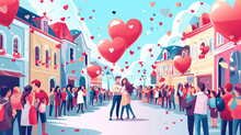 Valentine's Day Parade In A Small Town, People Celebrating With Heart-shaped Balloons And Banners, Joyful And Colorful Scene