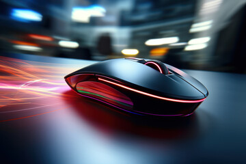 A computer mouse moving rapidly across a desk, representing the speed of digital navigation. Concept of swift computer interaction. Generative Ai.