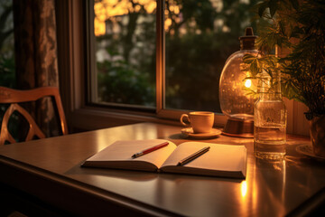 Wall Mural - a person journaling by a window, reflecting on gratitude and setting positive intentions for the day