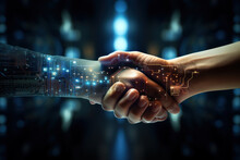 Pixelated Hands Reaching Out From Screens To Shake In A Virtual Handshake, Symbolizing Online Collaboration And Connection. Concept Of Virtual Partnerships. Generative Ai.