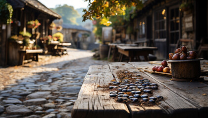 Sticker - Rustic table, fresh fruit, old tree, rural scene generated by AI