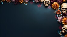 Colorful Skulls And Flowers Frame Over Dark Background With Copy Space