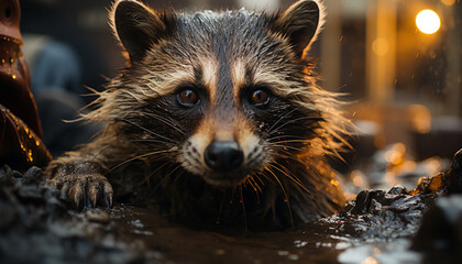 Canvas Print - Cute small raccoon sitting outdoors, looking at camera generated by AI