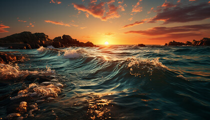 Wall Mural - Sunset over water, nature beauty in tranquil seascape generated by AI