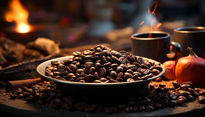 Poster - Hot coffee on wooden table, close up of steaming drink generated by AI