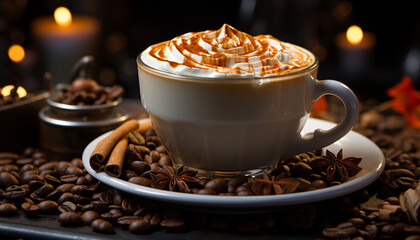 Canvas Print - Hot coffee cup on wooden table with frothy milk foam generated by AI