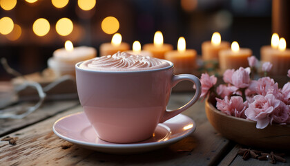 Sticker - Hot drink on rustic table, coffee cup, candle, elegance generated by AI