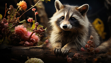 Canvas Print - Cute furry raccoon looking at camera in forest generated by AI