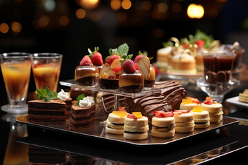 Poster - A dessert buffet display at a hotel event, featuring an array of decadent sweets for guests to enjoy. Concept of indulgent culinary offerings. Generative Ai.