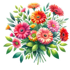 Wall Mural - watercolor of Gerbera Daisy flower bouquet and greenery leaves on white background