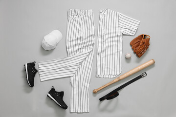 Wall Mural - Flat lay composition with baseball uniform on white background