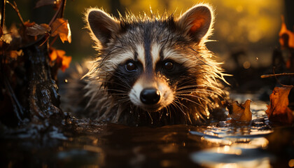 Canvas Print - Cute raccoon looking at camera in forest generated by AI