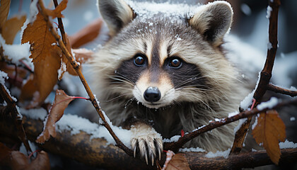 Canvas Print - Cute red fox sitting on snowy branch generated by AI