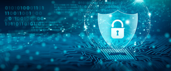 Wall Mural - shield with padlock icon on circuit board and network wireframe with binary code over blue backgroun