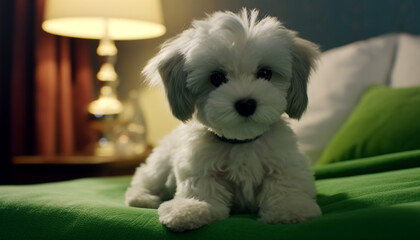 Sticker - Cute puppy sitting on bed, looking at camera, fluffy fur generated by AI