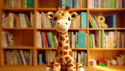 Sticker - Cute giraffe toy on bookshelf, learning nature through reading generated by AI