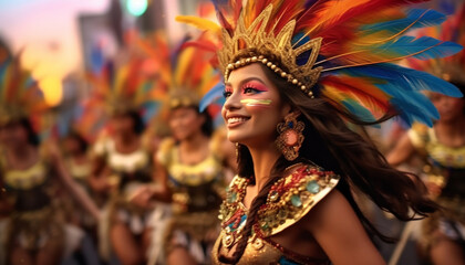 Poster - Smiling Brazilian women dancing, bringing happiness and fun to parade generated by AI