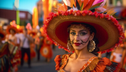 Wall Mural - Smiling women in traditional clothing dance at colorful Brazilian festival generated by AI