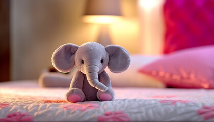 Sticker - Cute small elephant toy on a comfortable bed in bedroom generated by AI