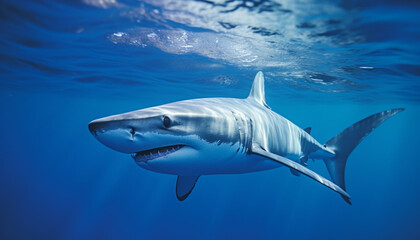 Canvas Print - Majestic underwater fish swim in deep blue sea, teeth sharp generated by AI