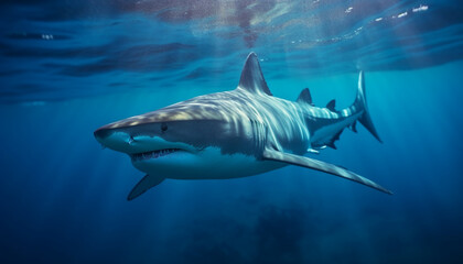 Poster - Majestic underwater adventure large fish swimming in sharp, blue reef generated by AI