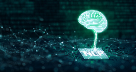Brain on CPU. Computer mainboard with Binary. Ai, Machine learning, and NLP Natural Language Processing cognitive computing technology concept. 3D Render.