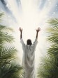 lifting palm branches to heaven backside of person to praise Jesus with white linen blowing in sun - generative ai