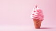Rows of sweet ice cream in a cone With various flavors and various colors in the photo over a pink background. generative AI