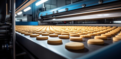 Light brown cookies are being produced in a food manufacturing factory with sophisticated machine technology. generative AI