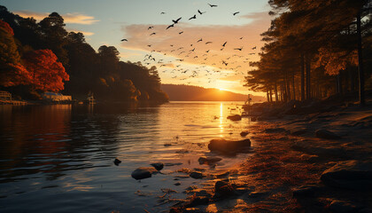 Poster - Sunset over the tranquil water, reflecting the beauty of nature generated by AI